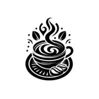Stylized, black and white coffee cup, steam rising with decorative elements of leaves and dots on a saucer. vector