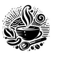 Stylized Black and White Coffee Illustration Featuring a Steaming Cup, Beans, Spoon, and Abstract Decorative Elements. vector