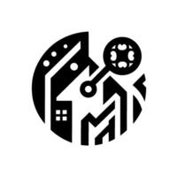 Modern, minimalist black and white within a circle showing house, key, and geometric shapes. vector