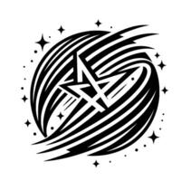 Abstract black and white celestial emblem featuring a star within swirling lines and starry accents, representing energy. vector
