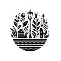 Serene black and white garden vignette, featuring flowers, lampost, house, watering can, and gardening tools inside an oval with wavy base. vector