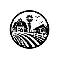 Black White Farm Scene in a Circle Barn, Windmill, Fields, Birds, and Shed Creating a Rustic Tranquil Countryside Illustration. vector