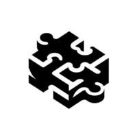 Isometric Puzzle Cube A monochromatic, D visual of two interconnected jigsaw pieces forming a geometric cube against a stark white backdrop. vector