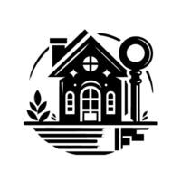 Black White Stylized Real Estate House Silhouette with Key, Leafy Accent, and Geometric , Set on a Circular Frame, with a Focus on Home Ownership. vector