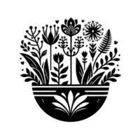 Elegant Black and White Floral Arrangement in a Bowl, Featuring Diverse Botanical Elements and Decorative Hearts, Evoking a Sense of Minimalist Serenity. vector