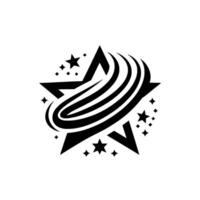 A black and white star featuring a fivepointed star with a spiral, surrounded by smaller star shapes, set against a white background. vector