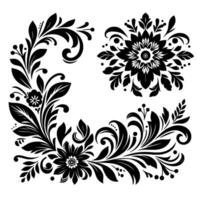 Elegant Black Floral Elements Swirls, Leaves, Blossoms, and Dots on White Background, creating Corner and Center Compositions. vector