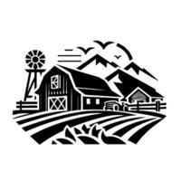 Black and white illustration of a farm landscape featuring a barn, windmill, tractor, field, mountains, and birds. vector