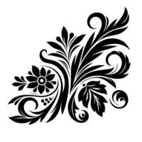 Elegant Black and White Floral Corner with Intricate Swirls and Detailed Leaf Patterns on a Clean White Background. vector