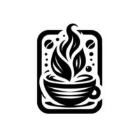 Monochromatic coffee illustration featuring a stylized cup with leaflike steam, coffee beans, and an abstract, modern within a rectangle. vector