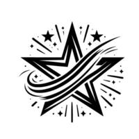 Black and white artistic illustration of a dynamic star , featuring a central pentagram encircled by radiant beams and curved lines. vector