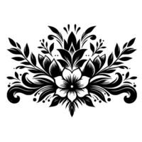 Intricate Black Floral A symmetrical botanical composition with elegant leaves, petals, and swirling decorative accents on a white background, creating a stylized flourish. vector