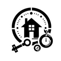 Black and white illustrating home ownership, real estate, and time, with house, key, clock, and a timeline motif. vector