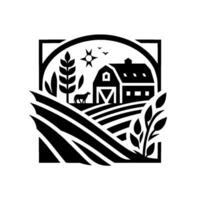 Black and White Art Rustic Farm Scene with Barn, Fields, Sun, Dog, and Wheat, Enclosed in a Rectangular Frame. vector