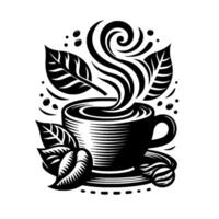 Artistic Black and White Illustration of a Coffee Cup with Steam, Leaves, and Coffee Beans on a Saucer. vector
