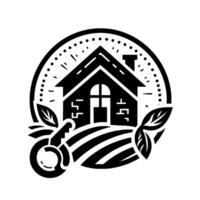 Black and white circular emblem featuring a house, key, and foliage, symbolizing home, property, and nature in a clean . vector