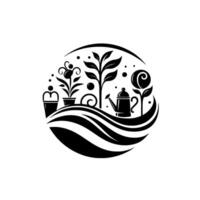 Black and White Garden Scene Floral and Foliage Elements with Watering Can in a Decorative Circle . vector