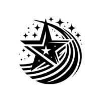Black and white illustration of a large, ornate star nested inside a circular , embellished by a starburst pattern. vector