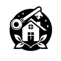 Monochromatic real estate features a house with a key overlayed in a circle, surrounded by leaves and stars. vector