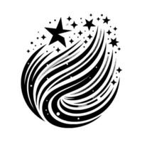 Black and white stylized illustration of a swirling elliptical shape with shooting stars, representing movement and energy. vector