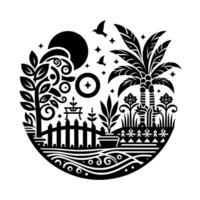 A stylized, circular black and white illustration depicts a serene garden scene, framed by a fence, featuring trees, palm trees, and celestial bodies, all set against a plain white background. vector