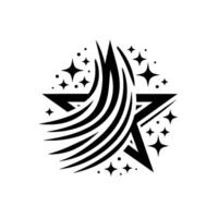Black and white art illustration of a star with flowing stylized lines and surrounding star shapes, on a white background. vector