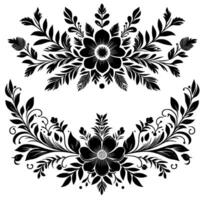 Intricate Black Floral Ornamentation Symmetrical Flourish with Two Compositions of Detailed Flower Leaf Arrangements on White Background. vector