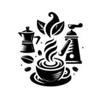Artistic Black and White Depiction of Coffee Brewing Ritual, Featuring Cup, Pot, Grinder, Beans, and Leafy Accents in Minimalist Style. vector