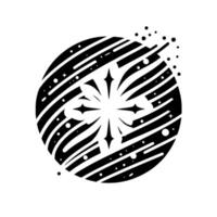 Stylized Black and White Celestial Orb with Starburst Center and Dotted Accents on White Background. vector