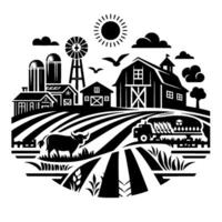 Black and White Farm Scene Countryside View with Windmill, Barn, Fields, Cattle, Tractor, and Cloudy Sky. vector