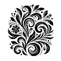 Elegant, Symmetrical Floral in Black and White, Featuring Swirls, Leaves, and Decorative Elements Composing a Circular Motif. vector
