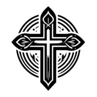 Ornate Black Cross within a Circular Pattern, featuring Leaf Motifs and Geometric Lines, Set Against a White Backdrop. vector