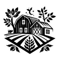 Black and white illustration of a farm at night with barns, a field, trees, a cow, stars, and a crescent moon. vector