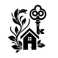 Elegant monochrome featuring a stylized house, ornate key, and botanical elements, symbolizing homeownership. vector