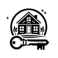 Symbolic Real Estate with Silhouette House, Key, and Floral Accents within a Circle, Representing Homeownership. vector