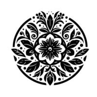 Intricate Black White Circular Floral Ornament featuring a stylized Flower, Leaves, and Ornate Elements within a Border. vector
