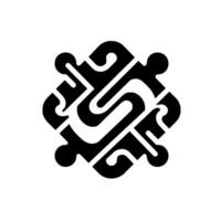 Black geometric symmetrical glyph resembling a stylized abstract symbol with rounded edges and a flowing, winding central . vector