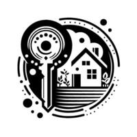 Abstract black and white illustration depicting a key unlocking a house, surrounded by circular and dotted elements, symbolizing security. vector