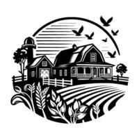 Rural Monochrome Farm Scene Depicting a TwoStory House, Barn, Silo, Wheat Fields, Fence, and Flying Birds within a Circular Frame. vector