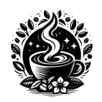 Elegant Black and White Coffee Cup Illustration with Floral and Leafy Circle, Steam, Coffee Beans and Blossoms vector