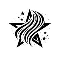 Black and white minimalist of a fivepointed star with flowing stylized hairlike lines emanating from its center, accompanied by smaller stars and dots on a white background. vector