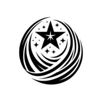 A striking black and white illustration of a stylized starburst, with a large star at its core surrounded by smaller stars and dynamic, curved lines. vector