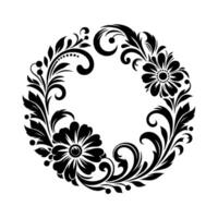 Elegant Black and White Floral Wreath Circular Ornament with Flowers, Leaves, and Ornate Scrollwork on a Clean White Background. vector