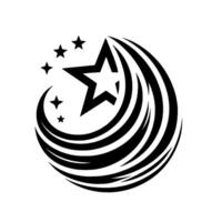 A stylized black and white featuring a large star surrounded by orbiting smaller stars and dynamic curved lines. vector