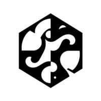 Abstract black and white geometric within a hexagon, featuring swirling, organic shapes, creating a dynamic, stylized composition. vector