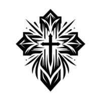 Detailed Black and White Christian Cross with Ornamental, Geometric, and Decorative Floral Elements on a White Background. vector