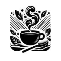 Black and White Coffee Illustration Steaming Mug with Leaves, Coffee Beans, and a Spoon Within a Geometric Frame. vector