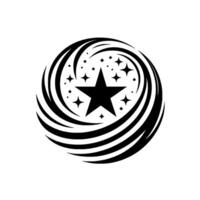 Black star, starburst emblem, surrounded by spiraling arcs and smaller stars against a white backdrop, resembling a or . vector