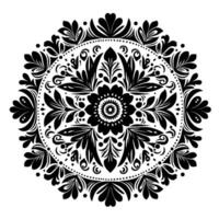 Intricate Black and White Floral Mandala with Leafy Patterns and Dotted Border, Isolated on White Background. vector