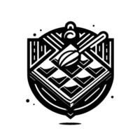 Monochromatic of a coffee bean resting on a latticed surface with a spoon, enclosed in a decorative shield. vector